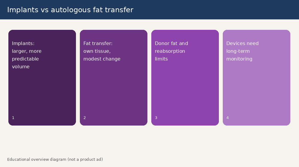Side-by-side educational cards comparing implant-based breast augmentation and autologous fat transfer considerations