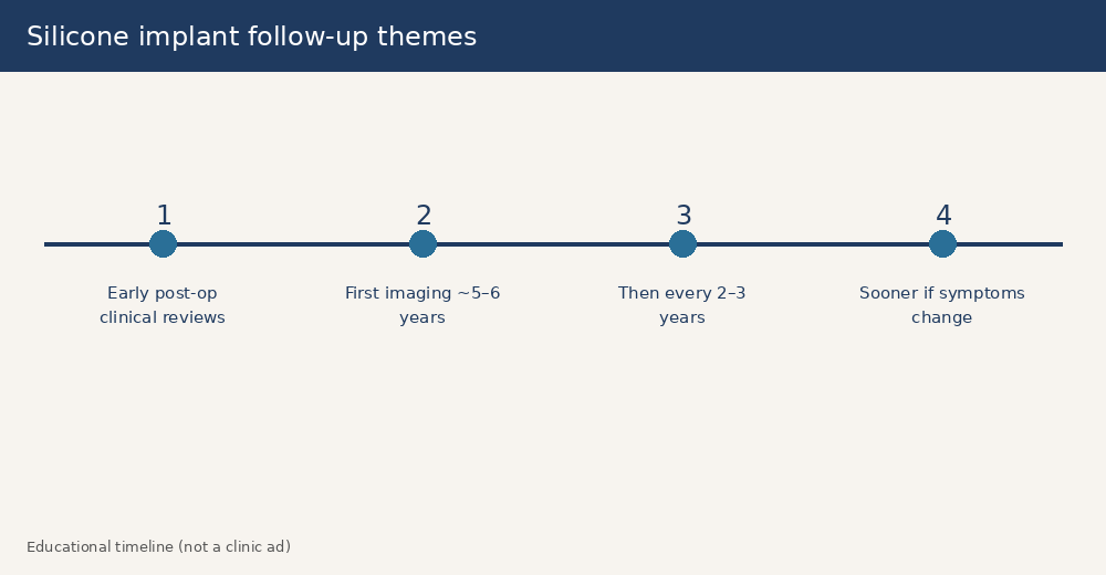 Educational timeline showing early implant reviews and later silent-rupture screening intervals for silicone breast implants
