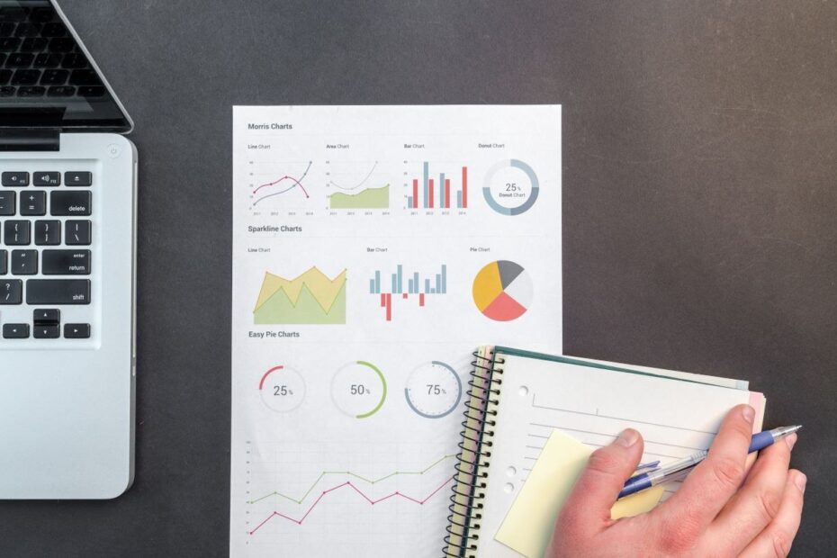 Printed charts and graphs on a desk with a laptop